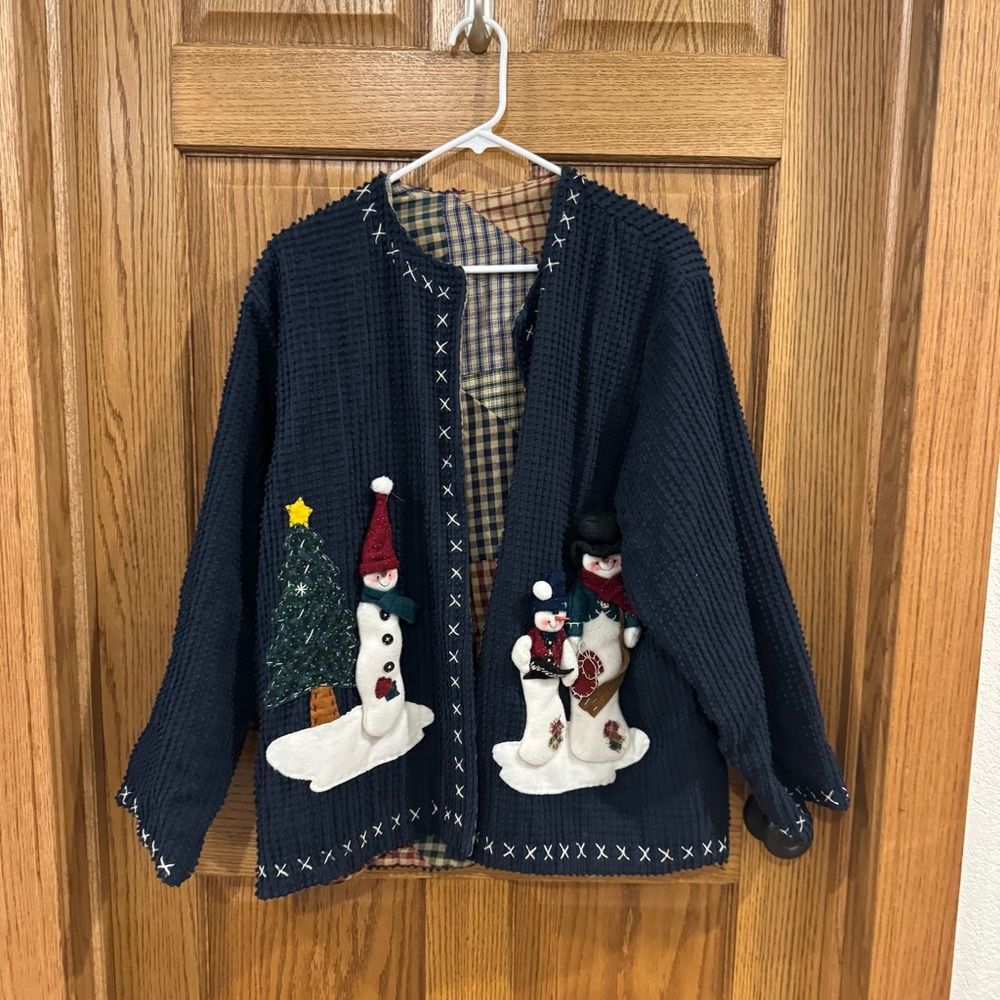 Country Lace 3D Snowman Christmas Cardigan – Navy Popcorn Knit, Patchwork Lining